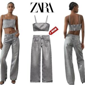 Zara gray denim clear sequin embellished foil crop top and jeans set 2/SNWT🔥